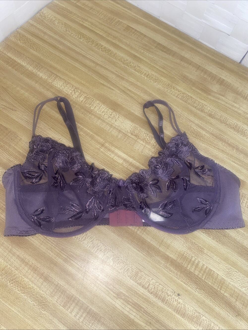 90s Jolie Intimates Lace Sheer Wired Bra Purple Back Closure 38D Demi Cup